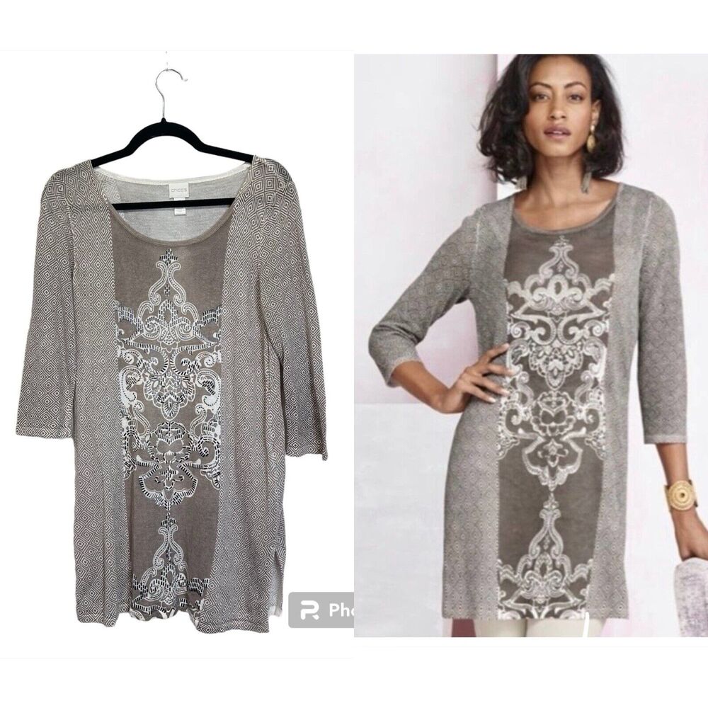 Chico’s Womens Cream Geometric Print Tunic Top Sweater Size 0‎ US Medium Stretch